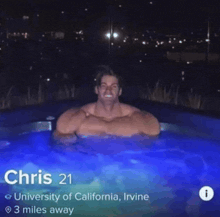 a man is swimming in a pool with the name chris on the bottom