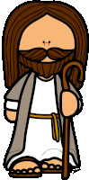 a cartoon drawing of jesus with a beard and mustache holding a cane with the name d. scott on the bottom