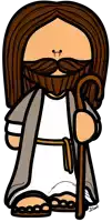 a cartoon drawing of jesus with a beard and mustache holding a cane with the name d. scott on the bottom