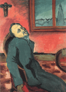 a painting of a man laying in a chair with a cross behind him