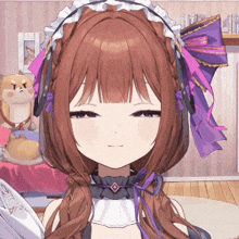 a girl with brown hair and purple ribbons on her head