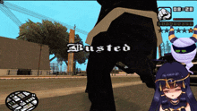 a video game screen shows a character with the word busted on it