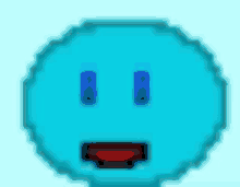 a pixel art of a blue smiley face with a red tongue sticking out .