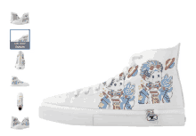 a pair of white high top sneakers with a drawing of a man and a cat on the side