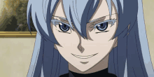 a close up of a anime character with blue hair and blue eyes