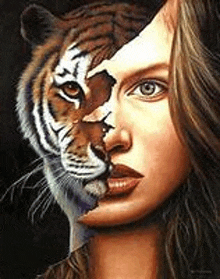 a painting of a woman with a tiger 's face on her face .