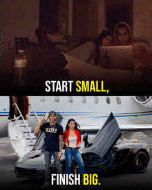 a man and a woman standing next to a car with the words start small finish big