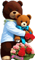 a brown teddy bear is holding a brown teddy bear and a bouquet of pink roses