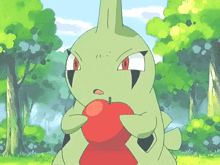 a cartoon character is holding a red apple