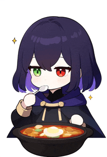 a girl with purple hair and green eyes is eating a bowl of soup