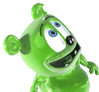 a green gummy bear with blue eyes and a big mouth