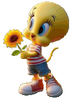 a yellow cartoon character holding a sunflower