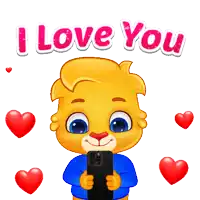 a cartoon character is holding a cell phone with the words i love you above him