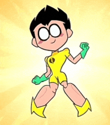 a cartoon character is wearing a yellow and green superhero costume .