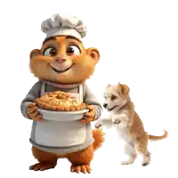 a cartoon chipmunk holding a pie next to a small dog