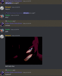 a screenshot of a discord conversation with arthur green-executioner