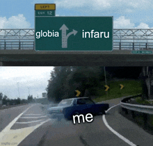 a green highway sign that says left exit 12 globia infaru