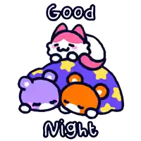a cartoon drawing of a cat and two bears with the words " good night " above them