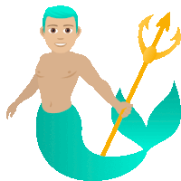 a cartoon drawing of a mermaid with blue hair holding a trident