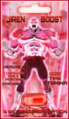 a poster of jiren from dragon ball z with a capsule for stamina