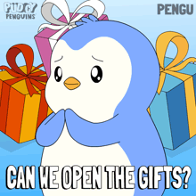 a cartoon of a penguin with the words " can we open the gifts " on the bottom