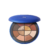 a palette of eye shadows with a blue lid and the letter k on it