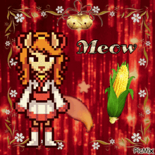 a pixel art of a girl with the word meow on it