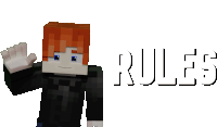 a minecraft character with red hair and the word rules below him