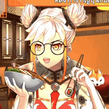 a girl with glasses is holding a bowl of food in her hands