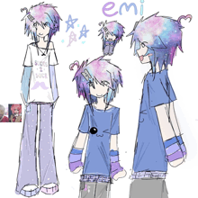 a drawing of a girl with purple hair and a shirt that says emi