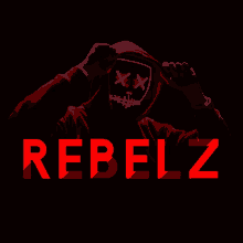 a man in a red hoodie has a neon mask on his face and the word rebelz in red