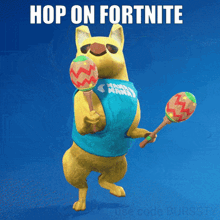 a cartoon dog is holding maracas and the words hop on fortnite are above it