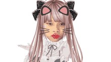 a girl with a cat ear headband has red lips