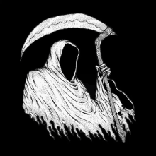 it is a black and white drawing of a grim reaper with a scythe .