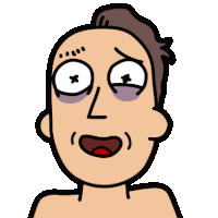 a cartoon of a man without a shirt with a purple eye