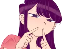 a girl with purple hair is making a funny face with her finger to her mouth