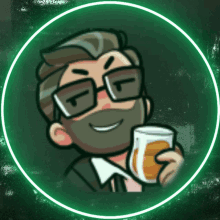 a cartoon drawing of a man with glasses and a beard holding a glass of beer