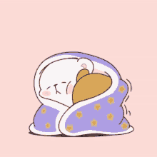 a cartoon of a bear wrapped in a purple blanket