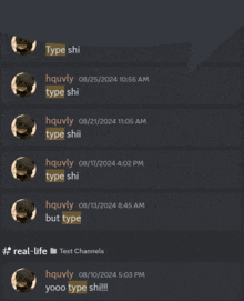 a screenshot of a text conversation between type shi and hquvly