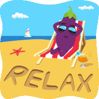 a cartoon illustration of an eggplant laying on a beach chair with the word relax below it