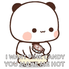 a panda bear is holding a jar of pink candy and saying i want pink candy you make me hot