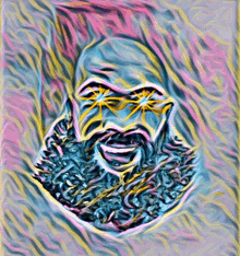 a painting of a man with a beard has glowing eyes