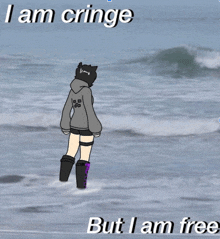 a cartoon of a girl standing in the ocean with the words i am cringe but i am free below her