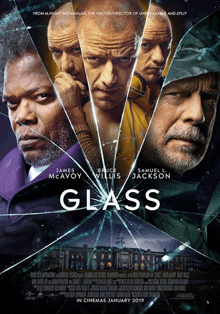 a movie poster for glass with james mcavoy bruce willis and samuel l. jackson