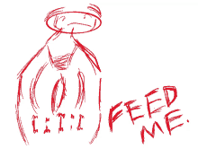 a drawing of a person with the words feed me