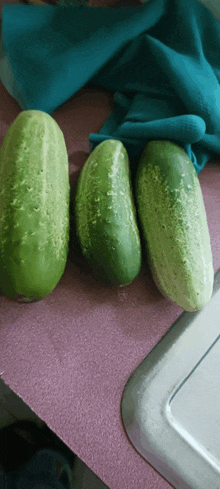 three cucumbers are sitting on a counter next to a kitchen sink