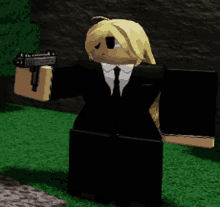 a cartoon character in a black suit and tie holding a gun