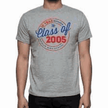 a man wearing a gray t-shirt that says class of 2005 .