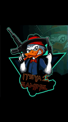 a cartoon duck holding a gun with the words itsya gaming below it