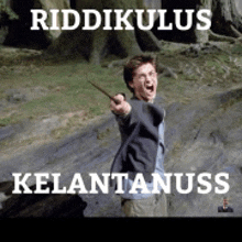 a picture of harry potter holding a wand with the words riddikulus kelantanuss on the bottom